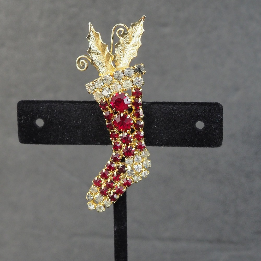 Hobe Christmas Stocking Brooch Red White Rhinestone Holiday Gold Tone Pin 1965